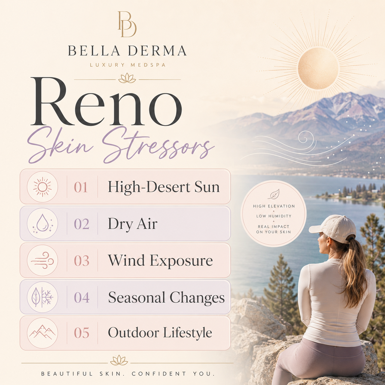 Reno skin rejuvenation climate factors including sun, dry air, wind, and outdoor lifestyle