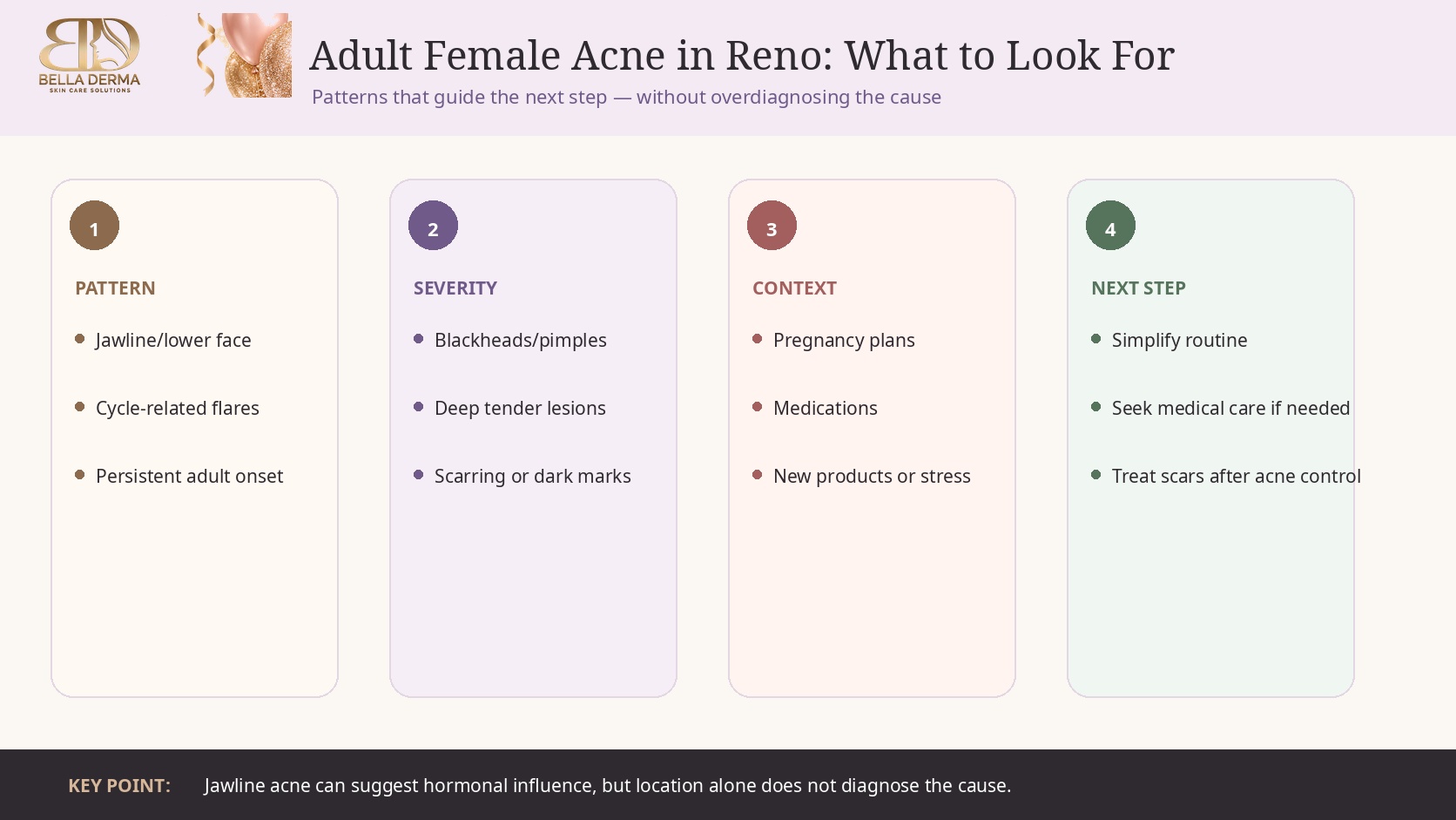 Adult female acne in Reno roadmap showing hormonal patterns, severity, context and when to seek medical care
