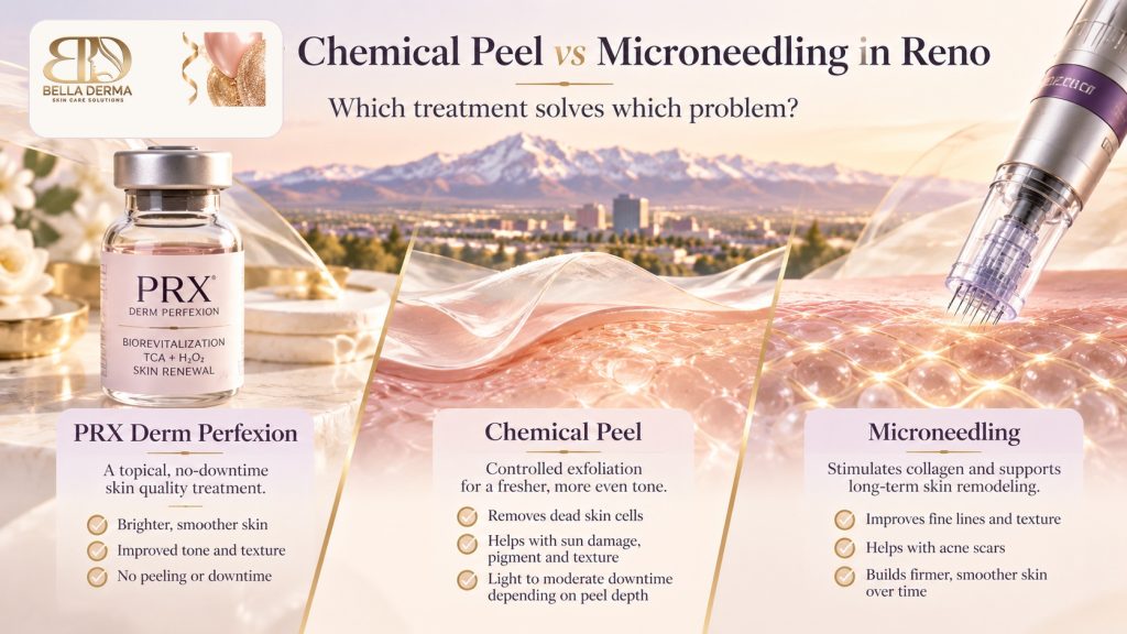 Bella Derma PRX vs chemical peel vs microneedling in Reno guide comparing skin rejuvenation treatments