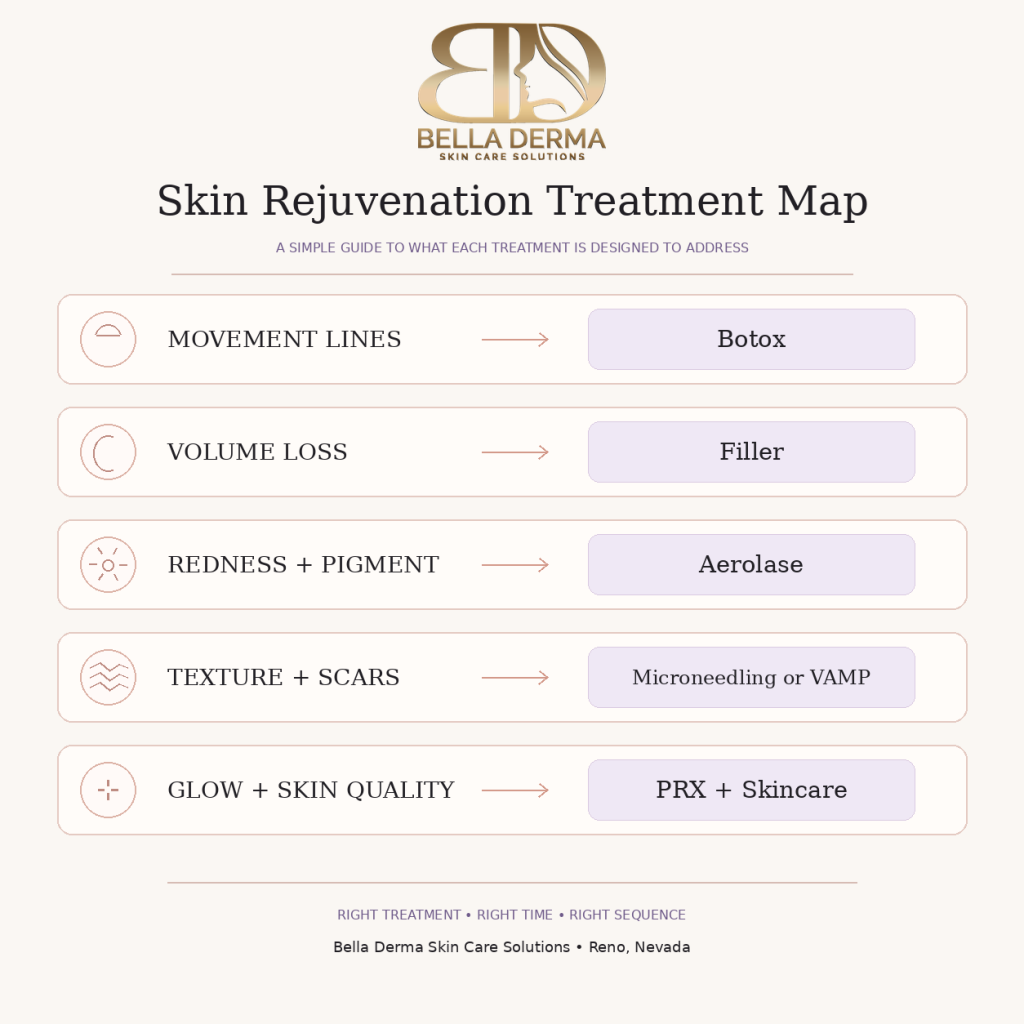 Bella Derma aesthetic treatment sequencing map for Botox, filler, Aerolase, microneedling, VAMP, PRX and skincare