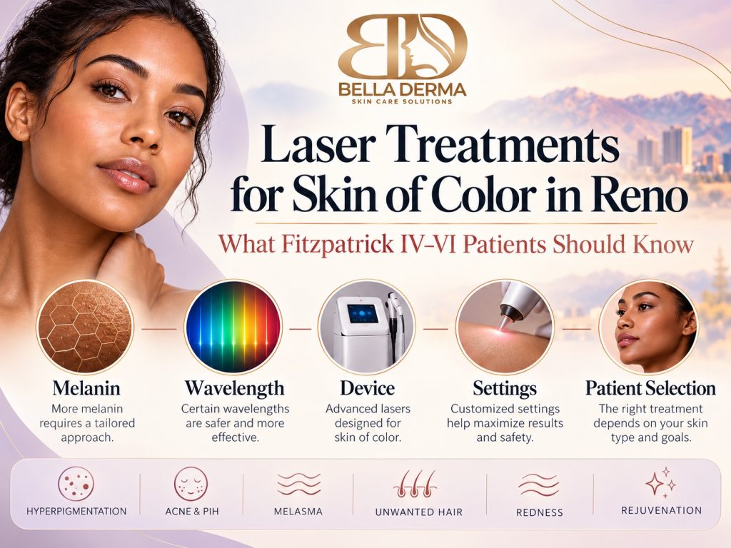 Bella Derma laser treatments for skin of color in Reno showing melanin, wavelength, device, settings and patient selection for Fitzpatrick IV-VI skin