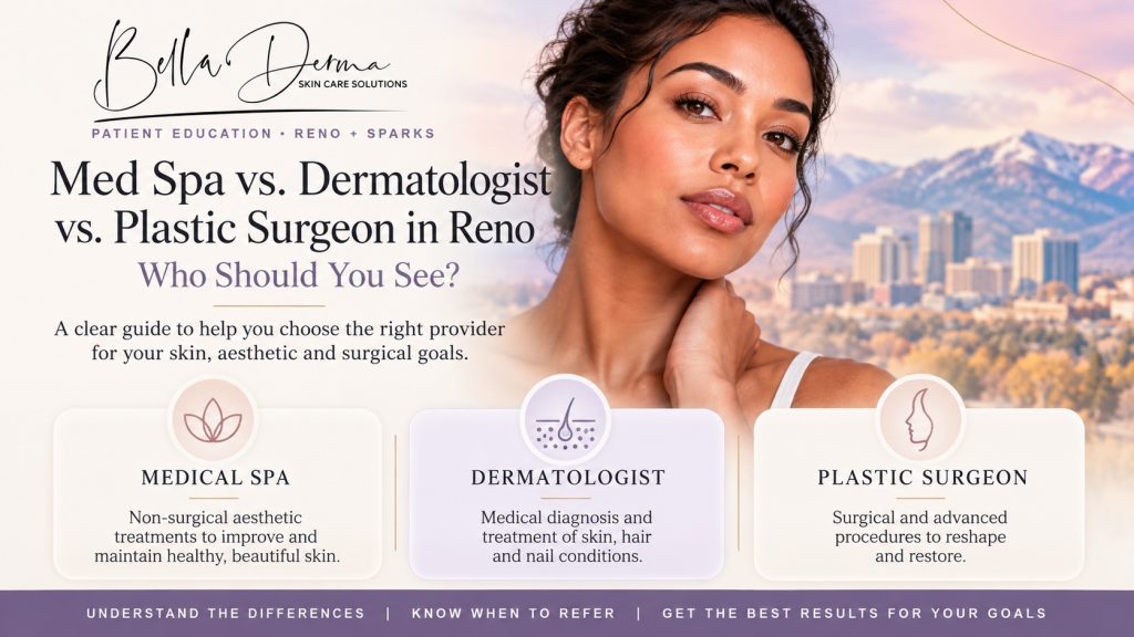 Bella Derma guide comparing a med spa, dermatologist and plastic surgeon in Reno