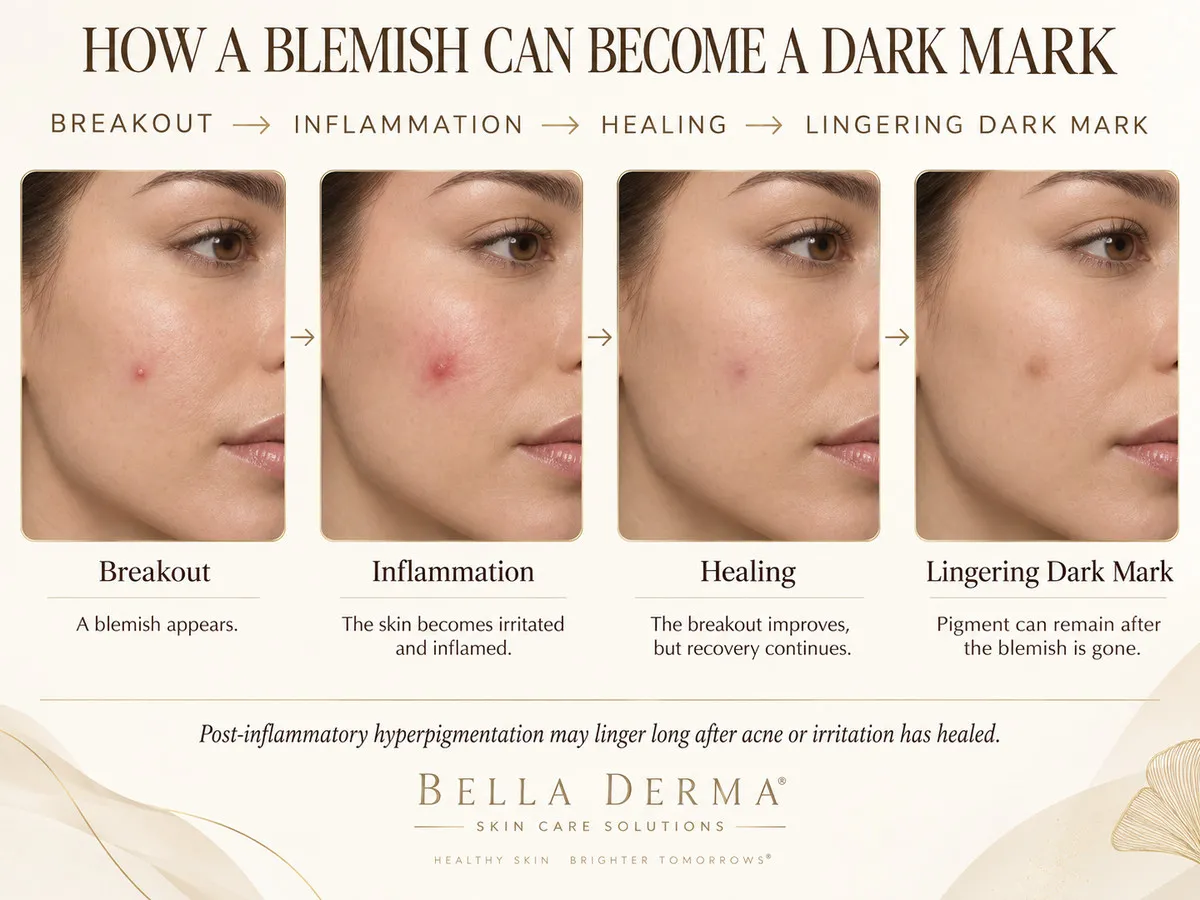 Acne inflammation leading to post-inflammatory hyperpigmentation and dark marks