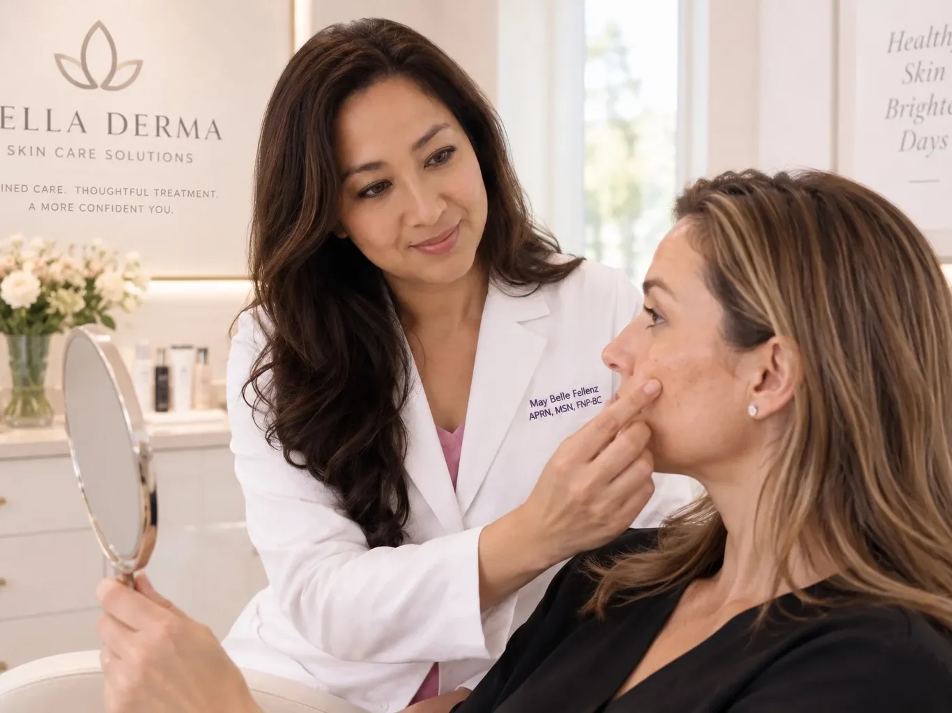 May Belle Fellenz evaluating a patient with dark spots and hyperpigmentation at Bella Derma in Reno