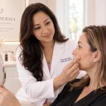 May Belle Fellenz evaluating a patient with dark spots and hyperpigmentation at Bella Derma in Reno