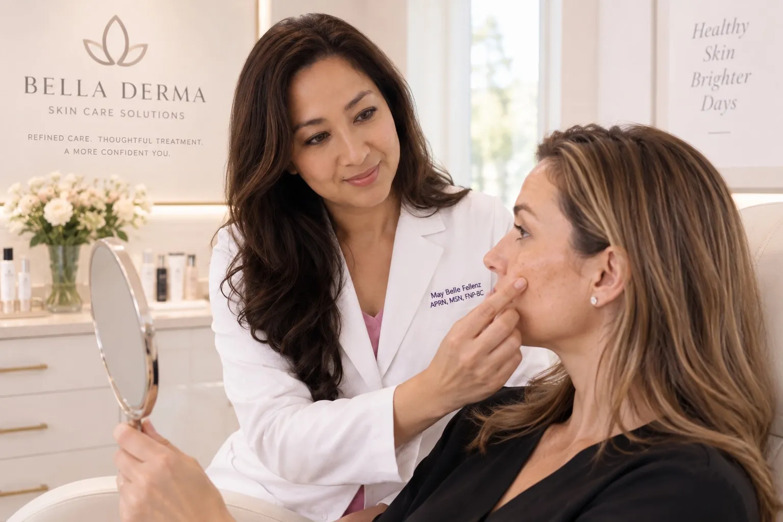 May Belle Fellenz evaluating a patient with dark spots and hyperpigmentation at Bella Derma in Reno