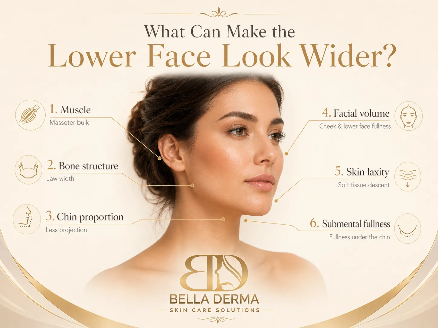 Causes of a wider jawline including masseter muscle, bone structure, facial volume, chin proportions and skin laxity